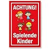 Komma Security Achtung Spielende Kinder Schild 20 x 30 cm Hinweisschild Warnzeichen Warnschild langsam fahren Warnung Hinweis Spielstraße Spielplatz – Vorsicht spielende Kinder