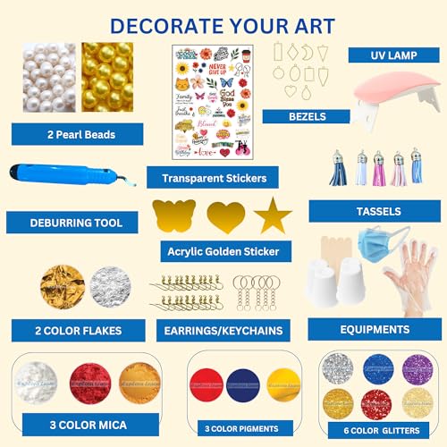 Image of Exploralearn 195 Pcs Ultimate UV Resin Art Kit with 300g Epoxy Resin, 50gm UV Resin - DIY Alphabet, Bezels, Jewelry, Keychains, Coasters & Bookmarks - Includes UV Lamp, Tape, Deburring Tool, Pendants, Golden Acrulics, Stickers and more