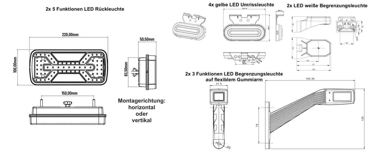 Kit éclairage LED remorque complet 5–9m – Feux arrière LED Neon 5 fonctions IP67, feux gabarit blancs/jaunes QS075 ou CLICK-ON, câble 13 broches, 12–24V, homologué E9
