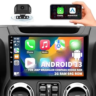 Car Stereo Radio for Jeep Wrangler JK Compass Grand Cherokee Dodge Ram 1500, Android 13 2GB+64GB, 10 inch IPS Touchscreen Wireless CarPlay Android Auto GPS Bluetooth AM/FM WiFi SWC, Backup Camera