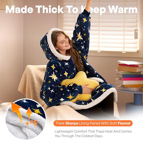 Image of Giggling Getup Wearable Blanket Hoodie for Adults Gifts for Teen Girls Sister Women Sherpa Fleece Printed Hooded Blanket Sweatshirt Warm Cozy with Pocket & Sleeves Dark Blue Glowing Stars