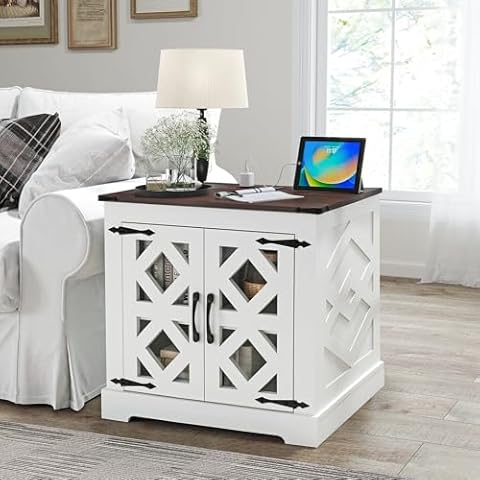 OtterOasis Farmhouse End Table with Charging Station, 24" Large Sofa Side Table with Adjustable Shelf, Rustic Wood Nightstand with USB Ports and Outlets for Living Room and Bedroom, White Cover