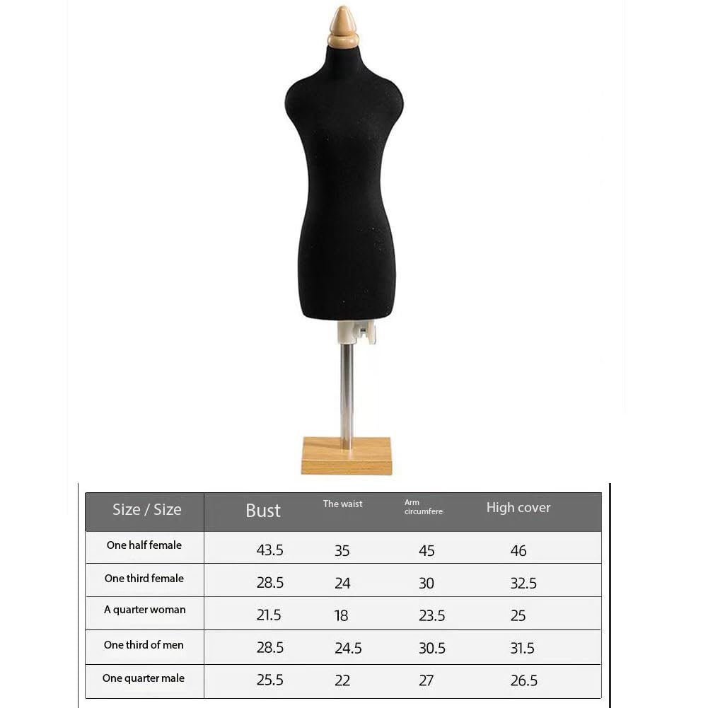 Puppen-Schneiderpuppe Mini weiblich, Mann weibliche Schaufensterpuppe Torso Tischplatte Display Kleidung Ständer mit Holzsockel(Black,1/2 Woman)