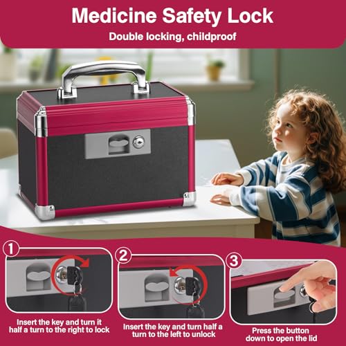 Image of Small Medication Lock Box with Key (10 inchx6 inchx6.7 inch) - Childproof Aluminum Medicine Storage Safe for Prescriptions & First Aid - Secure Portable Pill Organizer for Travel, Home (Black & Red)