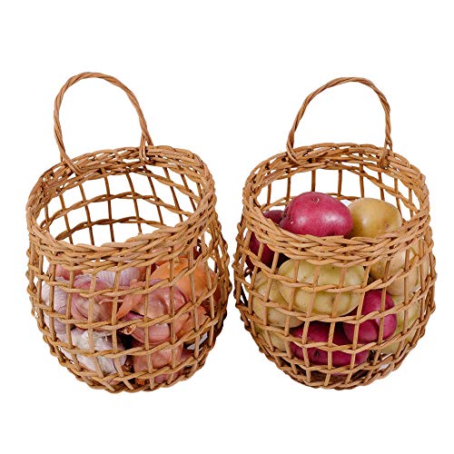 HyakuOku Onion Basket Handwoven Rattan - Chic Decor Hanging Wall Onion Container - Vintage Boho Storage for The Kitchen or Home - Bohemian Baskets with Handle - Pack of 2 Small Rattan Baskets - Image 2