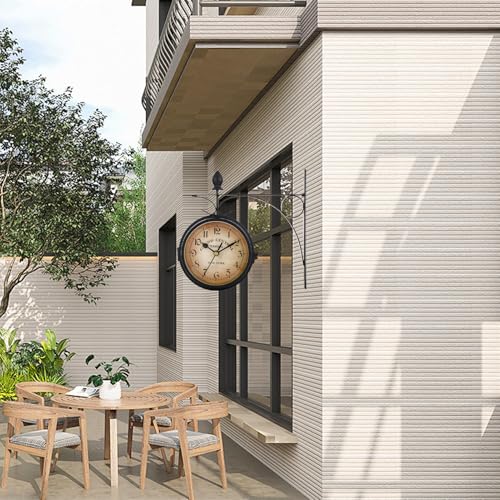 Syfunlv Vintage Bahnhofsuhr,Zweiseitige Wanduhr,21,8 * 21,8 cm,Wetterfest, Runde Wanduhr für Garten,Outdoor Uhr Dekorative,für Garten,Terrasse, Küche, Innenhof.