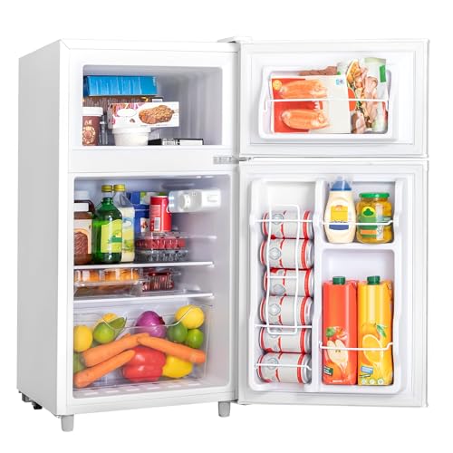 3.55 Cu.Ft Mini Fridge with Freezer, Small Fridge with 2 Doors for Office, Kitchen, Dorm and Bedroom, Mini Refrigerator with Adjustable Shelves (White)