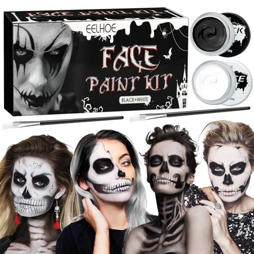 AMCHLEL Maquilhagem de Halloween, maquilhagem de Halloween preto e branco, pintura facial Halloween, conjunto de maquilhagem com 2 pincéis para cosplay de vampiro e festas de Halloween
