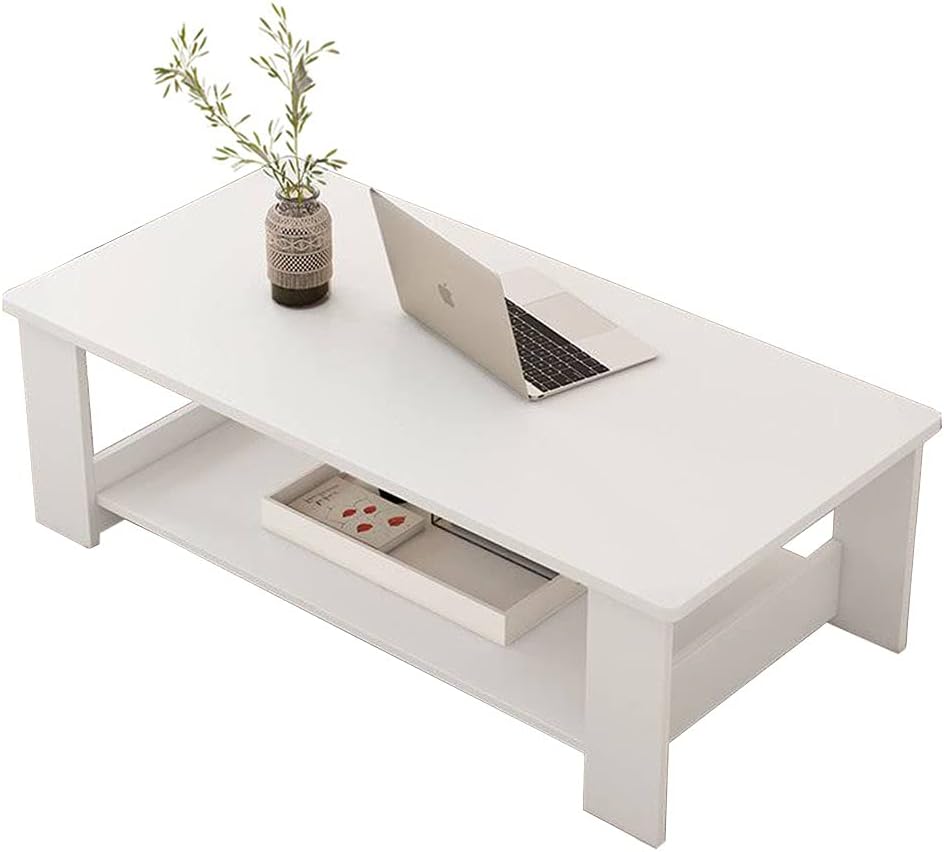 JJONE Coffee Table, Long Coffee Table, Modern Square 2 Tier Sofa Side Table, Wood Tabletop Frame Table with Open Storage Shelf, Cocktail Table Tea Table Rectangle TV Table for Living Room (A-White)