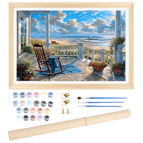 Image of HASTHIP DIY Paint by Number Kit for Adults, Coastal Porch Ocean View Landscape Painting Art Work with Frame, DIY Acrylic Paint by Numbers Canvas Wall Art Home Decor Gift, 40x50cm