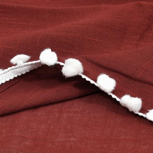 Image of THE LINEN COMPANY Window Curtains Cotton Sheer Curtains with Pom Pom Lace Rod Pocket Transparent Net Curtains for Window Curtains Door Curtains Maroon 6.5 Ft Pack of 2