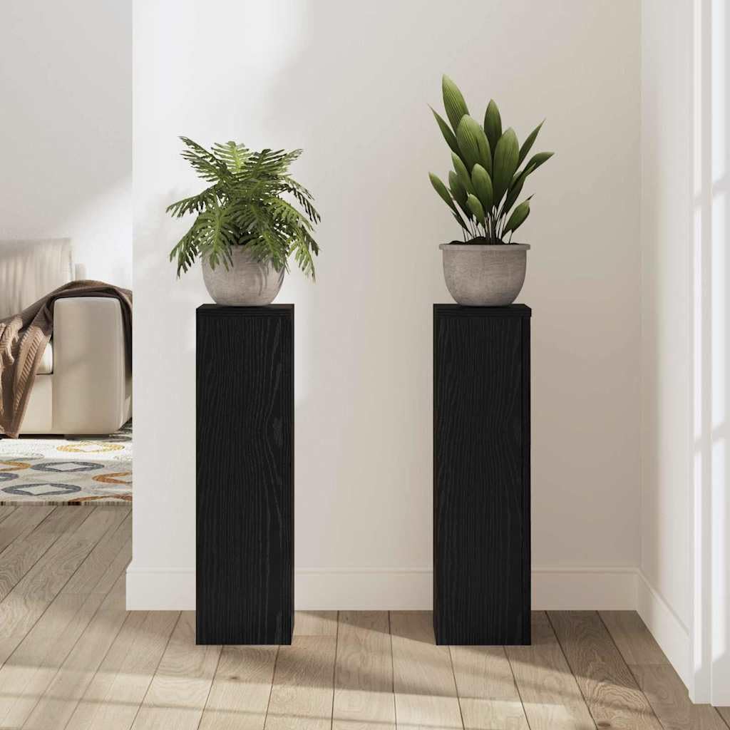 Pflanzenständer 2er Set Holz-Optik - Moderne Pflanzensäule für Wohnzimmer und Terrasse - Eckiges Blumenständer Set, Schwarz Eichen-Optik, 17 x 17 x 60 cm