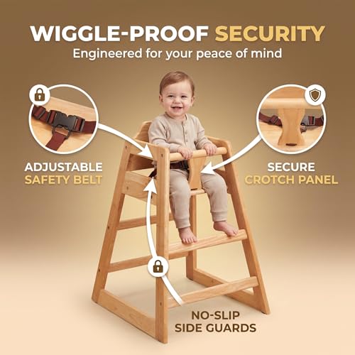 Image of Natural Wooden Restaurant High Chair - Stackable Rubberwood Dining Chair with Safety Bar, Easy-Clean Finish, Commercial Restaurant Seating