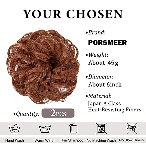 PORSMEER Messy Hair Scrunchies - 2pcs Curly Wavy Synthetic Donut Updo Hair Pieces, Easy Chignons for Women Girls in Copper Red - Image 2