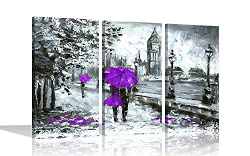 Image of Couple With Purple Umbrella in London Canvas Prints Modern Romantic Pictures For Home Office Livingroom Framed 3 Piece Artwork XL 76x40cm x 3 (30x16"x3)