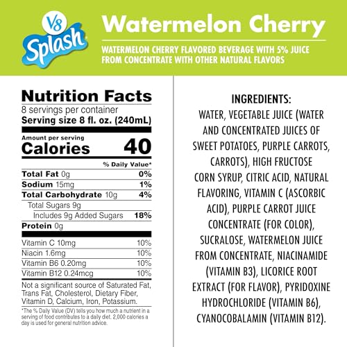 Image of V8 Splash Watermelon Cherry Flavored Juice Beverage, 64 fl oz Bottle (6 Pack)
