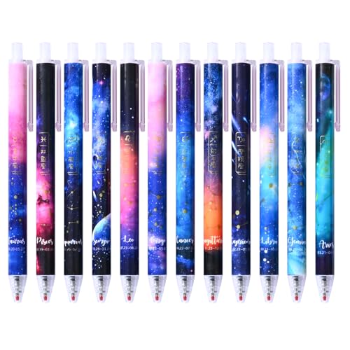 12 Pack Cute Constellation Gel Pens, Black Ink 0.5mm Creative Galaxy Writing Pen, No Smear Aesthetic Journaling Pens, Fine Point Retractable Gel Ink Rollerball Pens for Office, School, Home Writing