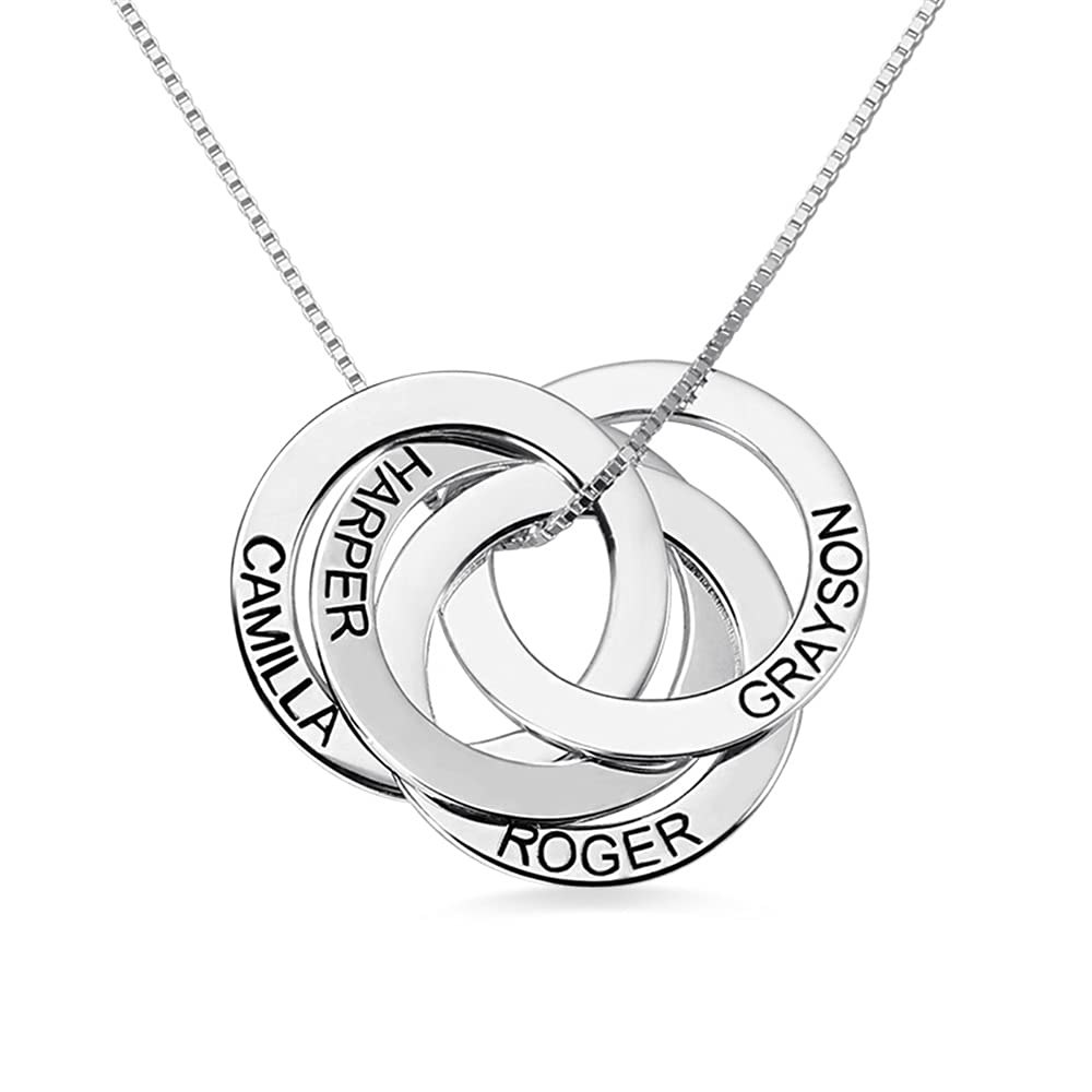 U/D Personalisierte russische Ring Halskette mit 2-5 Namengravuren 925 Sterling Silber Anhänger gravierte Familie Halskette Geschenk für Frauen Mama