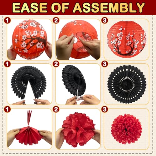 Image of 14Pcs Hibachi Party Decorations, Japanese Lanterns with Cherry Blossom Patterns, Tissue Paper Pom Poms, Round Paper Fans & Happy Birthday Banner Set for Japanese Party Asian Theme Decor