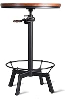 Topower Industrial Pub Table: 23.65" Round Pine Wood Top, Crank Adjustable Height 33.5-39.4", Black Iron Bar Table