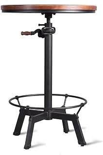 Topower Industrial Pub Table: 23.65" Round Pine Wood Top, Crank Adjustable Height 33.5-39.4", Black Iron Bar Table