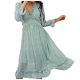 MICKURY Schlankmachende Festliche Kleider Carmenkleider Festliches Kleid Damen Kleidung Auf Rechnung Glänzendes Kleid Damen Mode Sexy Slim Casual V Ausschnitt Chiffon Blumenkleid B-Grün XL