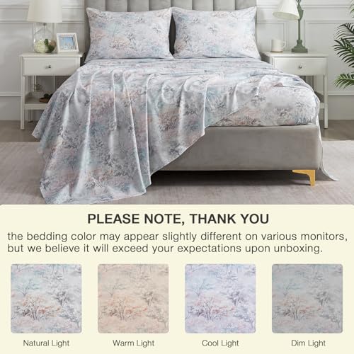 Image of Shabby Tree Patterned Chic Percale Sheets King Size, 100% Cotton Toile Deep Pocket Vintage Sheet Set, Crisp Soft Grey Forest Aesthetic Bed Sheets, Luxury Farmhouse Bedding Sets, 4Pcs
