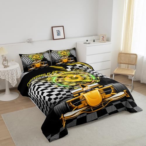 Image of Feelyou Kids Racing Car Comforter Set Toddler Size, Yellow Ombre Bedding Set Boys Girls Extreme Sports Duvet Insert Teens Bedroom Decor Bed Set 2Pcs