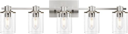 Miniatura 9 de DUJAHMLAND Lámpara de baño, 5 luces de níquel cepillado sobre espejo, luz de tocador con pantalla de vidrio transparente, iluminación de tocador de