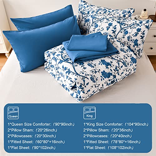 Image of Comforter Set for Queen Bed -7 Pieces Bed in a Bag Soft Microfiber Bed Set Blue Leaves Floral Pattern on White Spring Queen Comforter Sets with Sheets for All Seasons (Queen, Blue)