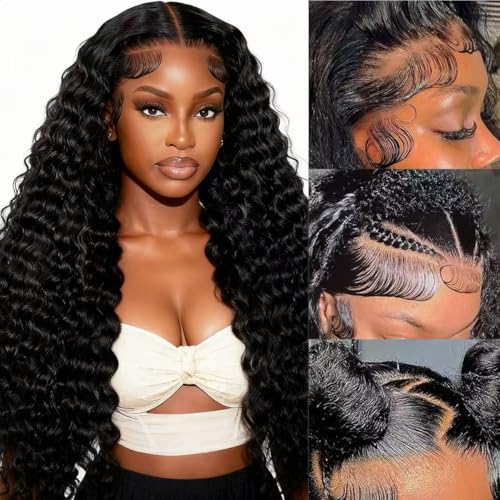Kucmir 30 Inch 13x6 Deep Wave Lace Front Wigs Human Hair 200 Density Hd Transparent Lace Frontal Wigs Human Hair Pre Plucked Glueless Deep Curly Wig for Women Natural Color