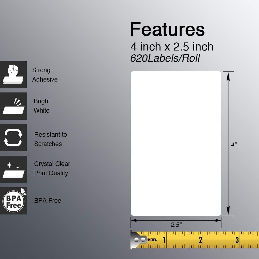 BETCKEY - 4" x 2.5" (102 mm x 64 mm) Shipping & Multipurpose Labels Compatible with Zebra & Rollo Label Printer,Premium Adhesive & Perforated [20 Rolls, 12400 Labels] - Image 2