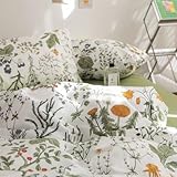 Sedefen Floral Duvet Cover King Size Green Floral Botanical Bedding Set with Yellow Flower Kids Boys Girls Vintage Garden Style Fall Reversible Soft Breathable Microfiber Duvet Cover Set, 3 Pieces