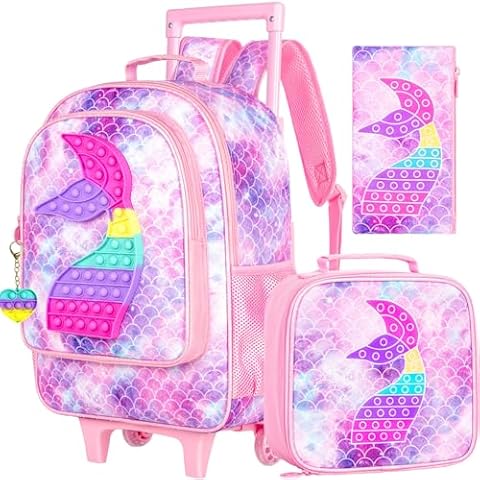 4PCS Rolling Backpack for Girls, Kids Mermaid Roller Backpacks with Wheels for Kids, Wheeled Bookbag Set for Toddler Elementary School Cover