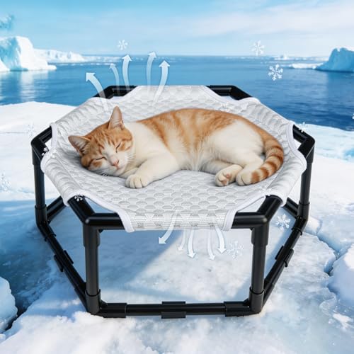 Cherishelt Elevated Cat Cooling Hammock Bed Hexagonal Raised Cat Cot with Breathable Ice Beanie Fabric and Anti Slip Block Cooling Pad Mat Indoor Outdoor Stable Pet Swing Bed for Small Puppy Gery