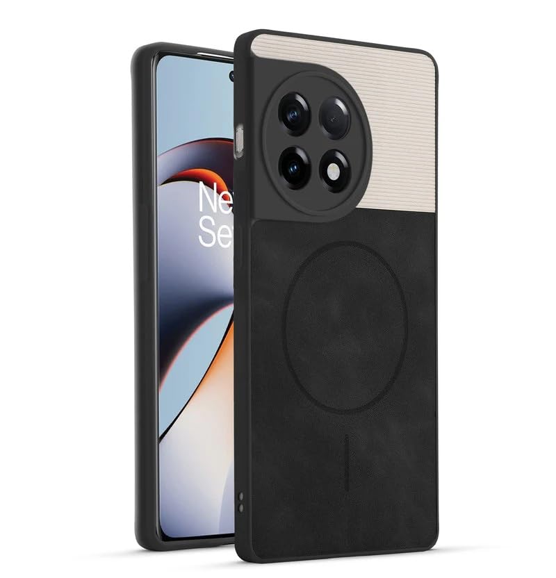 Image of Bintage CASE Mac Safe Design Hard Light Weight Back Case | Soft Border Camera Protect | Dual PU Leather Finish Back Cover Compatible for OnePlus 11R 5G - White & Black