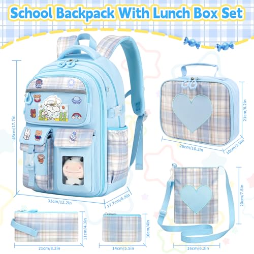 Cute Backpack for Girls, 5 Pack Kawaii Backpack Aesthetic Backpack with Lunch Box Set, Girls Blue School Bookbag for Kids Teen Elementary2