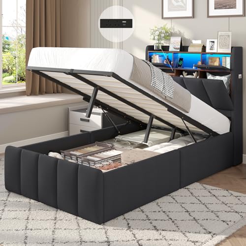 DICTAC 3ft Single Ottoman Storage Bed with LED Lights USB Charging & Wooden Slats 90x190 cm Hydraulic Lift Up Bed Frame with Storage Headboard Upholstered Single Storage Bed for Small Bedrooms