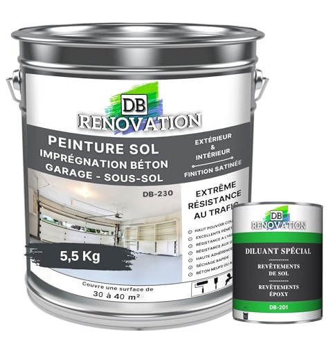 DB Rénovation PEINTURE SOL BETON Industriel - Garage, sous-sol - Extrême trafic intérieur, extérieur - Haute résistance - Gris anthracite - Kit 5,5KG + 1L Diluant