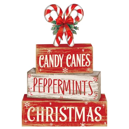 Moucuny 4 Pcs Christmas Candy Cane Table Decor Christmas Wooden Decorative Signage Red and White Stripes Candy...
