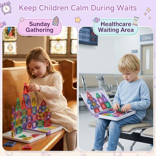 Image of Magnetic Tiles for Kids Travel: 40pcs Portable Mini Building Toy | 30-Sec Iron Case Opens Into 10.6-Inch Play Board - STEM Gift for Toddlers Ages 3-6 - Airplane Road Trip Restaurant