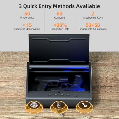 PINEWORLD Biometric Fingerprint Handgun Safe with Raised Backlit Keypad&Key - Image 5
