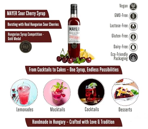 Image of Mayer Sour Cherry Syrup for Drinks and Cocktails, Made with Real Fruit | Tart Cherry Cordial; No Added Colors or Preservatives; Syrup for Soda, Mocktails and Lemonade