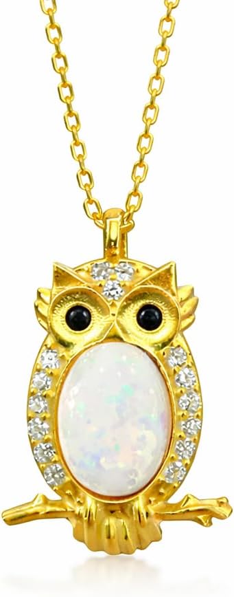 Gold Owl Necklace with Natural Opal Stone – 925 Sterling Silver Owl Pendant with 18K Gold Plating, 45 cm Sterling Silver Chain with 14K Gold Plating, Elegant Animal Jewelry Gift for Women