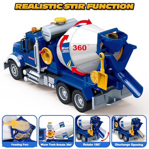 Kids Toys for 3 4 5 6 7 8 Years Old Boys, 15\" Large Cement Mixer Truck Toy with Lights, Sounds, Blue Toddler Friction Powered Truck Vehicle Toy for Boys Girls Christmas Birthday Gifts