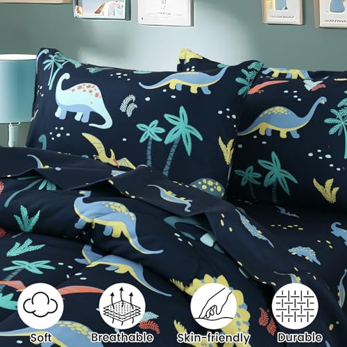 Image of PHF 5 Piece Kids Comforter Set, Ultra Soft Twin Size Comforter Sets Include Comforter, Fitted Sheet, Flat Top Sheet, Pillowcase, Sham for Boys, Dinosaur Bed in A Bag for Baby Bedroom, Dinosaur