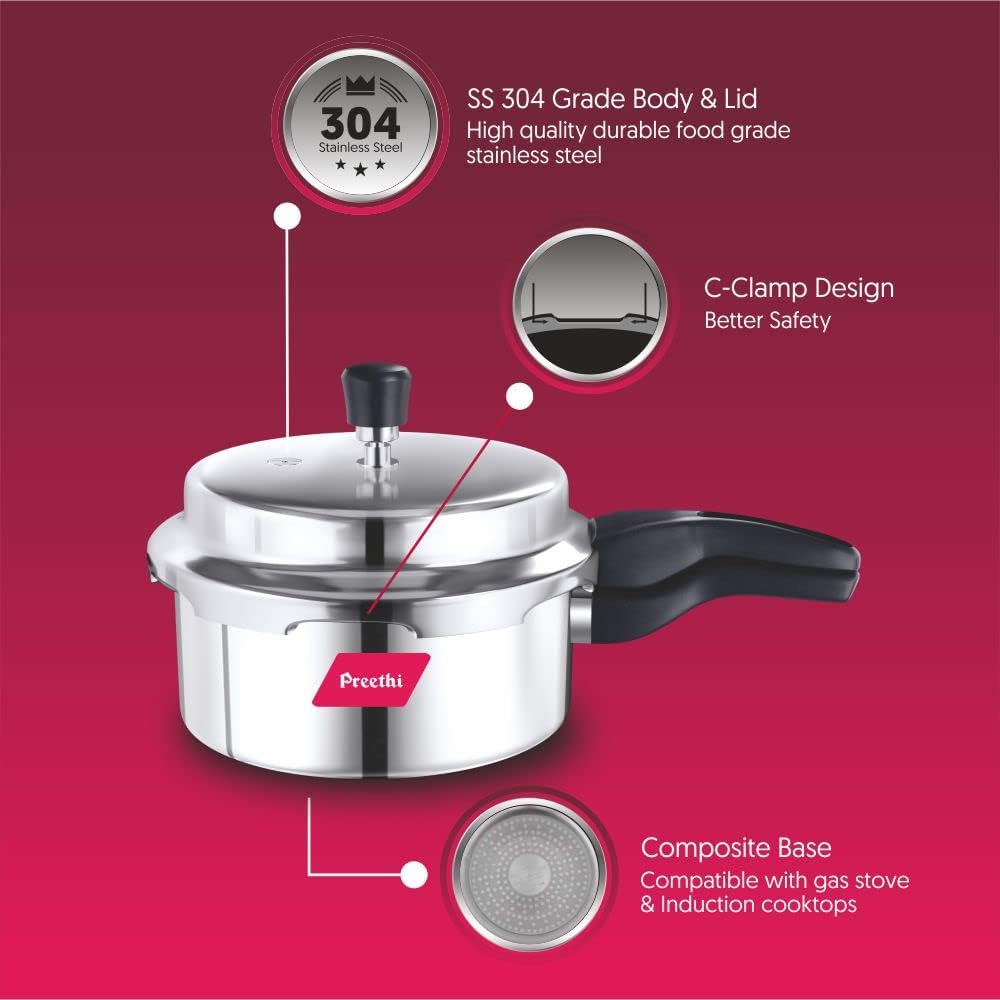 Preethi Induction Base Stainless Steel Outer Lid Pressure Cooker, 2 Litres, Silver