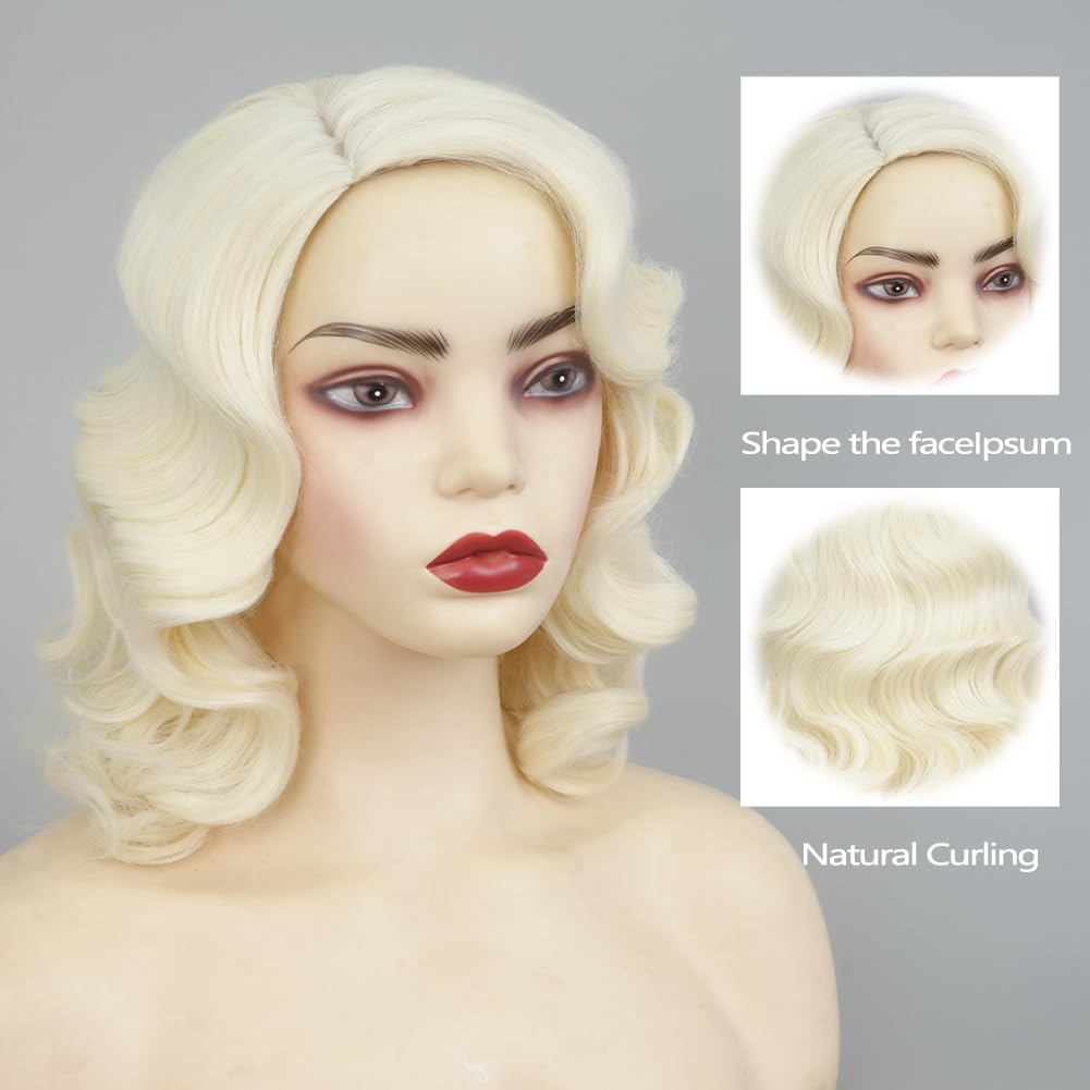 Blonde Finger Wave Wigs for Women Long Curly 1920s Side Part Natural Synthetic Fiber Hair Halloween Costume Vintage Wig(Light Blonde)
