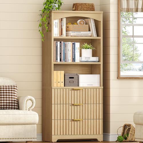 Image of TEENFON 63.3 inch Tall Bookshelf, Bookshelves and Bookcases with Drawers, Arched Design Bookcase with Storage Cabinet, Natural Wood Grain Wave Pattern Storage Shelves for Living Room, Bedroom,Office