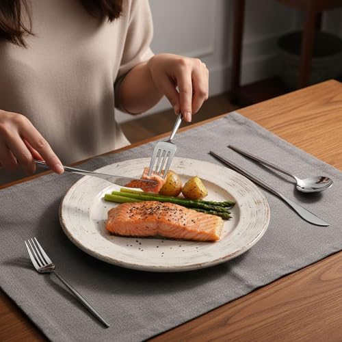 Image of Slim Handle Silver 10 Pcs Stainless Steel Cutlery Set for Dining Table, Dishwasher Safe Glossy Flatware (2 Spoon Set+2 Forks Set+2 Butter Knife+2 Dessert Spoon+ 2 Fruit Fork)